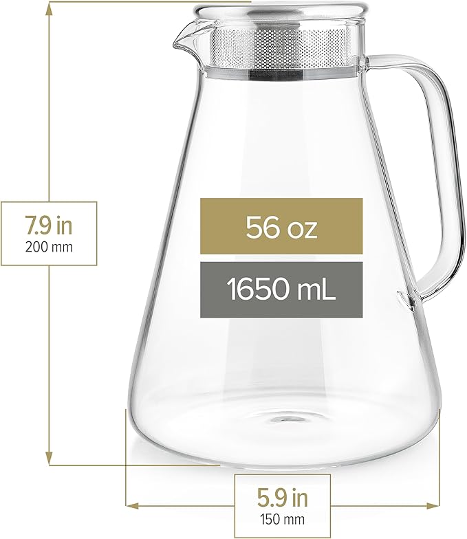 Teabloom One-Touch Tea Maker 2-in-1 Teapot and Kettle with Stainless Steel Filter Lid for Loose Tea – Stain-free Borosilicate Glass Teapot (56 Oz) – Tea Connoisseur's Choice