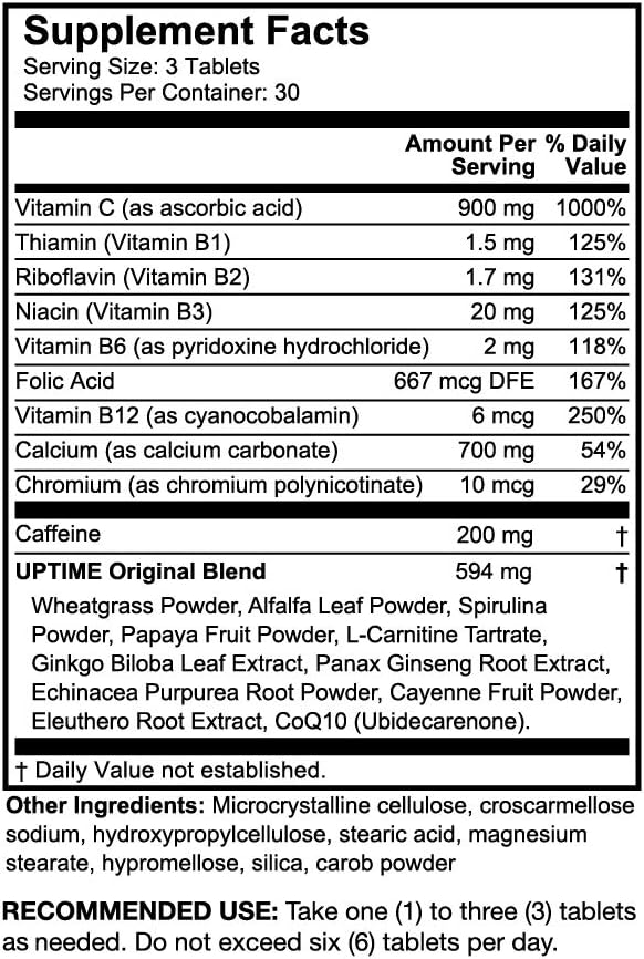UPTIME Original Energy 90 Energy Tablets 200mg per Serving Made with Natural Caffeine Vitamin C CoQ10 Calcium Ginkgo Biloba Ginseng &amp L-Carnitine Zero Calories 66mg Caffeine Per Tablet