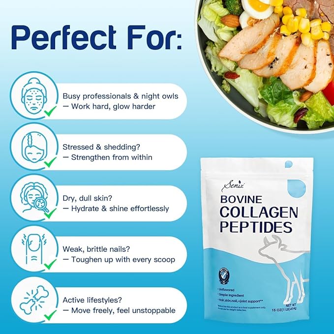Semix Collagen Peptides Powder - Naturally-Sourced Hydrolyzed Collagen Powder - Hair Skin Nail and Joint Support - Collagen Supplements for Women and Men - 1 lb(22 Servings)