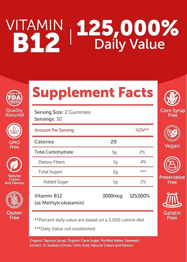 Lunakai Extra Strength 3000mcg Vitamin B12 Gummies - USA Made Delicious Daily Energy &amp Metabolism Support - Vegan B12 Methylcobalamin Supplement 3 Pack