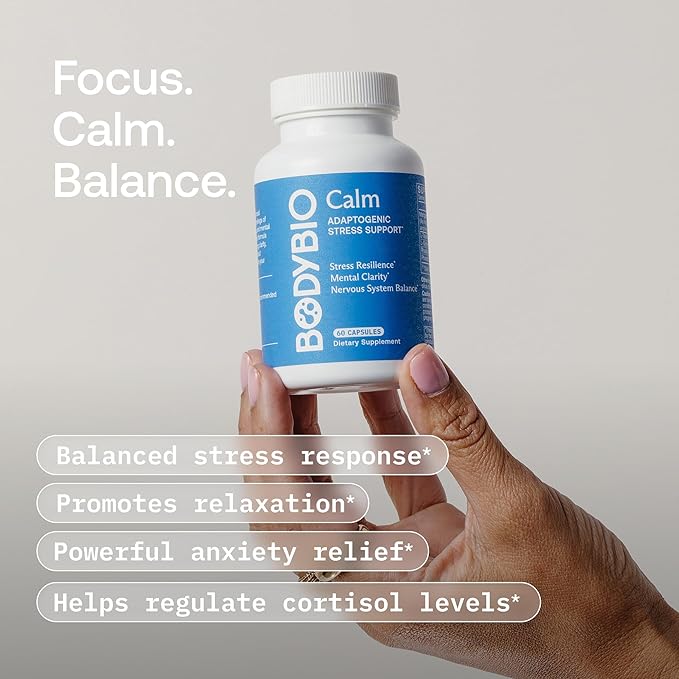 BodyBio Calm - Natural Stress Relief Blend with Rhodiola Glycine &amp Phosphatidylserine - Supports Relaxation Mental Focus &amp Balanced Cortisol - Non - Drowsy Formula