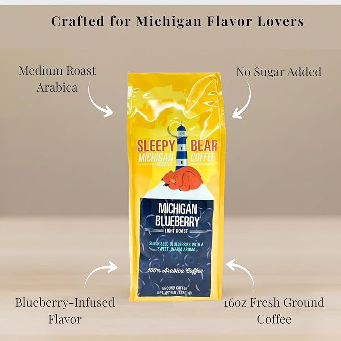 Sleepy Bear Michigan Blueberry Ground Coffee – Flavored Light Roast Arabica Fruit-Flavored Coffee with Real Blueberry Taste No Sugar Added 16oz Recloseable Bag (1 16 oz)