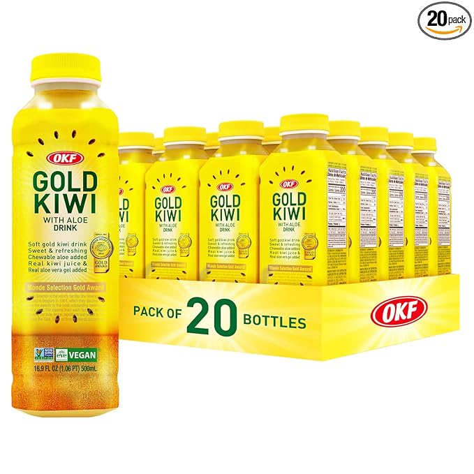 OKF Aloe Vera Juice Gold Kiwi - Flavored Aloe Vera Juice Drink Refreshing Hydrating Beverage with Chewable Aloe Pulp 16.9 Fl Oz (Pack of 20)