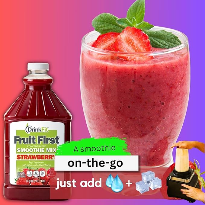 DrinkFit Fruit Smoothie | Real Fruit Puree Low Sugar Gluten:Free &amp Non:GMO Strawberry Smoothie Mix : Makes 32 Smoothies 64 Fl Oz with Dispensing Pump (Strawberry)