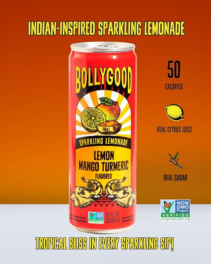 Bollygood Sparkling Lemonade Lemon Mango Turmeric Indian Inspired Beverage Nimbu Pani No Artifical Colors or Flavors Non-GMO Project Verified 12 FL OZ Cans (Pack of 12)