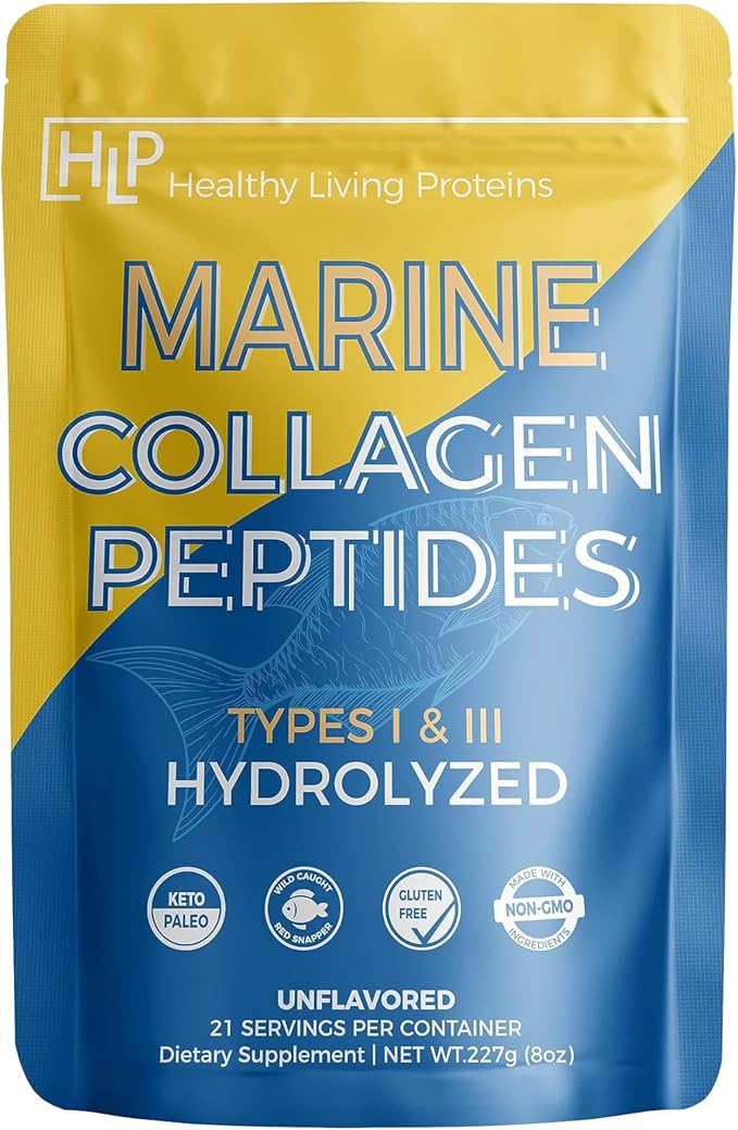 Healthy Living Proteins | Marine Collagen Peptides Type 1 &amp 111 | 24g Fish Protein Naturally Sourced Wild Fish Non-GMO | Keto &amp Paleo Gluten Free Kosher | Unflavored Powder (8 oz)