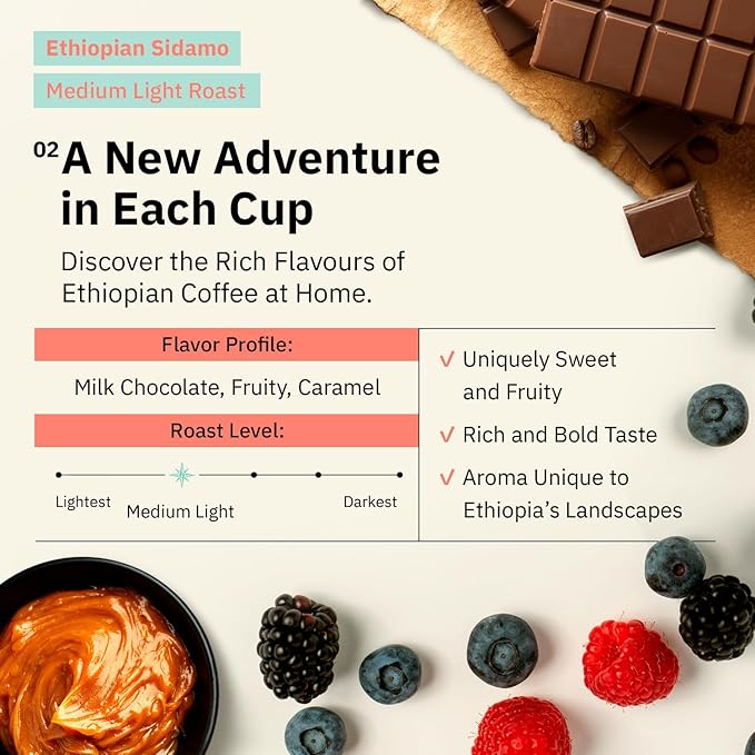 Ethiopian Sidama Ground Coffee - Single Origin Medium Light Roast Freshly Roasted To Order Ground Coffee Specialty Grade Fair Trade and Non-GMO Chocolate and Fruity Notes - 12 oz