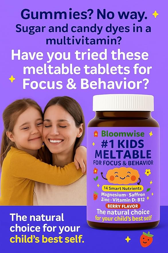 Bloomwise Kids Supplements for Focus &amp Calm 14-in-1 Brain Behavior Mood &amp Attention Support | Magnesium Saffron Zinc Vitamin D &amp B12 | Sugar-Free Vegan Berry Meltables 60 chewable Ta