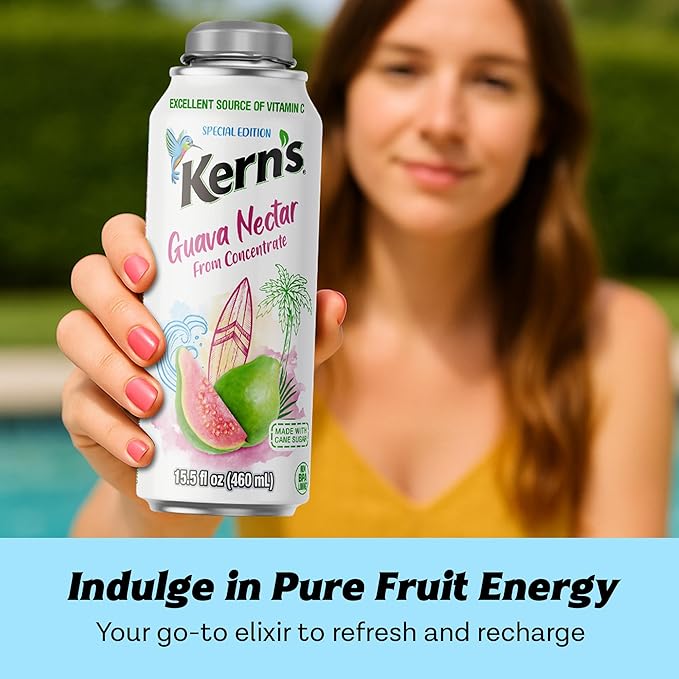 Kern’s Guava Nectar Lata Botella - Made with Fresh Fruit Puree - Guava Juice Concentrate for Tropical Fruit Smoothie Mix Cocktail Mixers &amp Kids Beverages - 15.5oz 12 Pack Resealable Juice Bottle