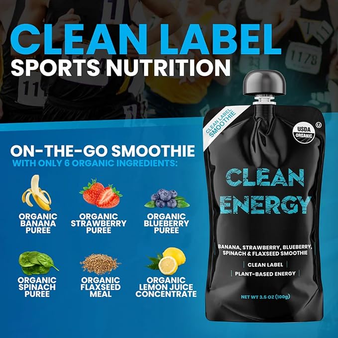 Clean Label Organic Fruit Smoothie Sports Pouches - Healthy Nutrition Drinks Gluten Free Caffeine Free Vegan Kosher Convenient Snacks - Banana Strawberry &amp Blueberry Smoothie – 8 Pouch Pack