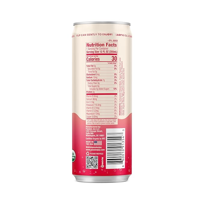Passion Joy Organic Soda – Passion Fruit &amp Guava 12 oz Slim Cans (Pack of 12)
