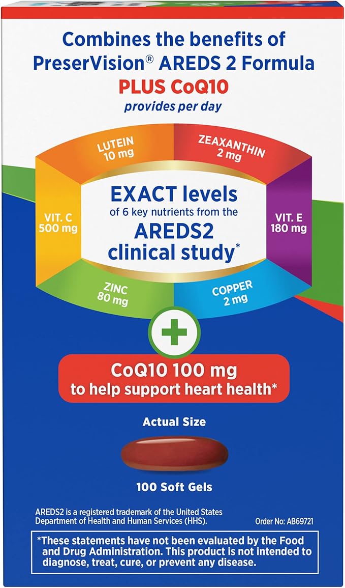 PreserVision AREDS 2 Eye Vitamins with CoQ10 for Heart Health #1 Eye Doctor Recommended Brand Lutein and Zeaxanthin Supplement with Vitamin C &amp E Zinc and Copper 100 Softgels