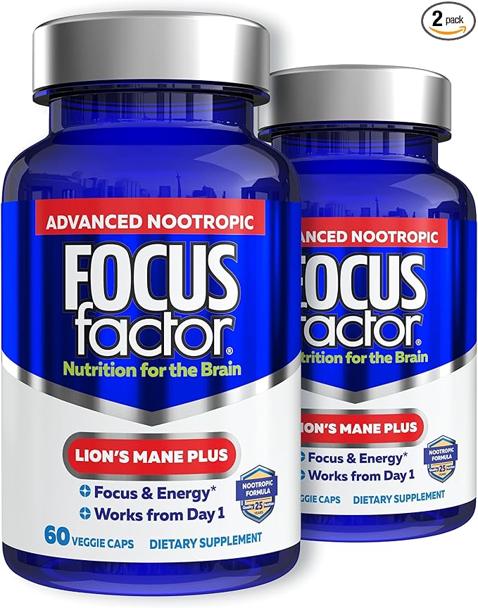Focus Factor Lions Mane Plus Advanced Nootropic with L-Theanine Caffeine Focus and Energy (60 Count) (Pack of 2)