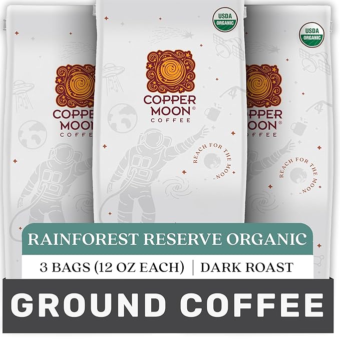 Copper Moon Ground Coffee Organic Rainforest Reserve Dark Roast 3 Bags (12 oz. Each)