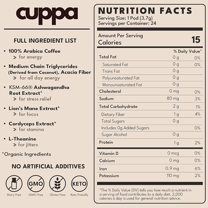 Cuppa Medium Roast Mushroom Coffee with Adaptogens &amp Superfoods - Lion’s Mane Ashwagandha &amp Cordyceps. Adaptogens + MCT to support natural energy mental focus &amp gut health (24 Servings)
