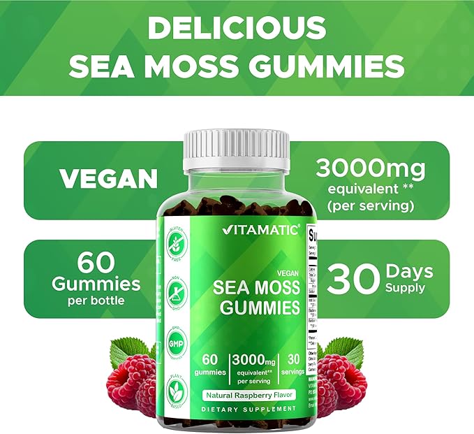 Vitamatic 3 Pack Irish Sea Moss Gummies- 3000mg Equivalent Per Serving - 60 Ct - Made with Bladderwrack &amp Burdock Root - Seamoss Supplement for Thyroid Energy Immune Support