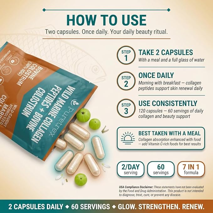 Wild Marine Collagen Peptides with Bovine Colostrum 120 Capsules Advanced Formula for Skin Joints Gut Health Immunity Support GMO-Free