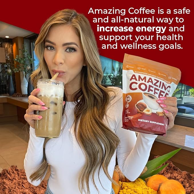 Superfoods Company | Amazing Coffee - Instant French Roast | Adaptogenic Mushrooms Superfoods - Energy Focus Digestion Immunity - 30 Servings - Hazelnut Flavor