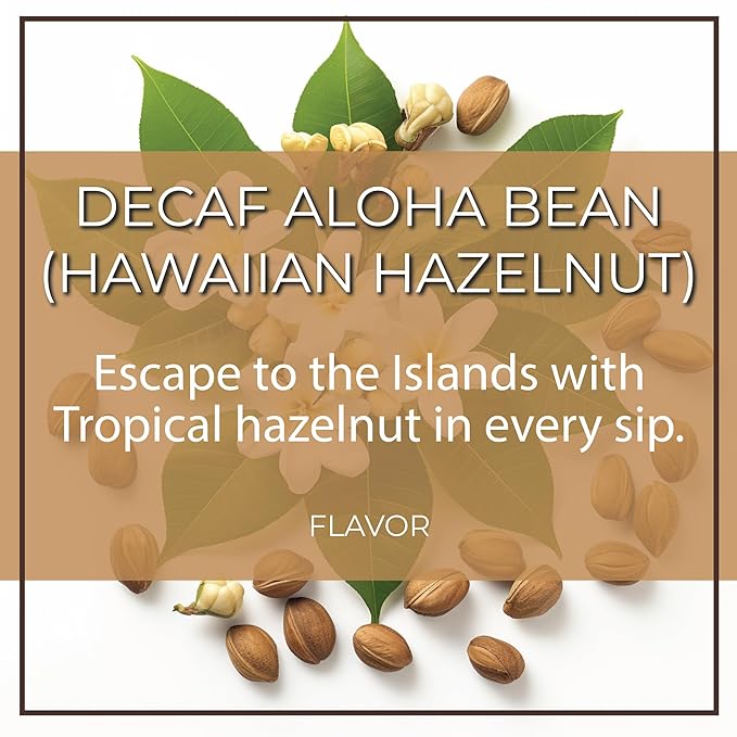 The Bean Organic Coffee Company Water Processed DECAF Aloha Bean (Hawaiian Hazelnut) Chocolate Macademia Nut and Vanilla Bean Medium Roast Ground Coffee 16-Ounce Bag
