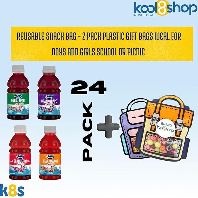 Ocean Spray Classic Varied Fruit Juice Drink 10 fl oz Plastic Bottles 24 Pack + 2 Reusable Snack Bags by KOOL8SHOP Infinite Deals
