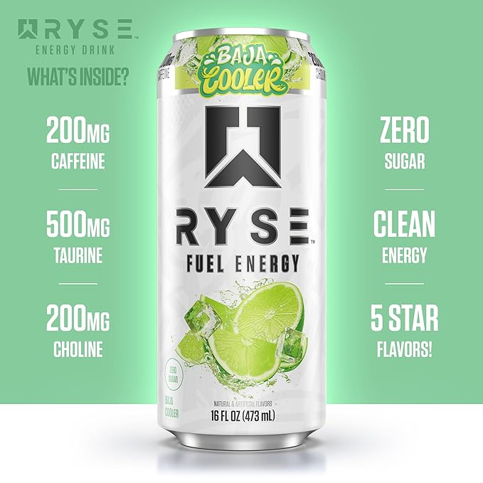 RYSE Fuel Energy Drink - Baja Cooler - Sugar Free Gluten Free &amp Vegan - 200mg Natural Caffeine Taurine &amp Choline for Focus &amp Energy - No Artificial Colors - 16 fl oz Cans (12-Pack)