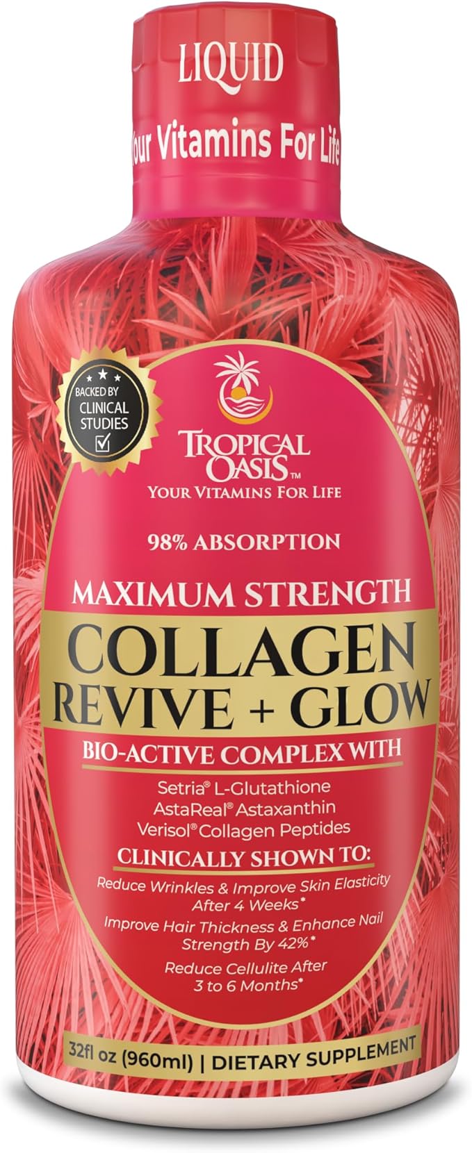 Tropical Oasis Liquid Collagen Glow for Women &amp Men | 5000mg VERISOL Collagen Peptides + 12500mcg Biotin | Clinically Tested for Thicker Hair Brighter Skin Wrinkles &amp Stronger Nails | 32 Ser