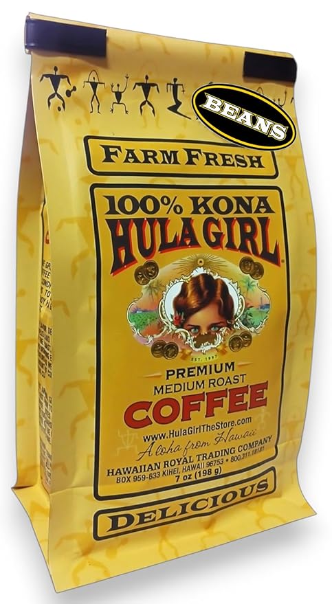 Hula Girl 100% Kona Coffee Grown in Hawaii Hand Picked Sun Dried Fresh Roasted and Packed in Hawaii for 30 years Whole Bean 7 Oz (0.44 Lb) 198 Grams Bag