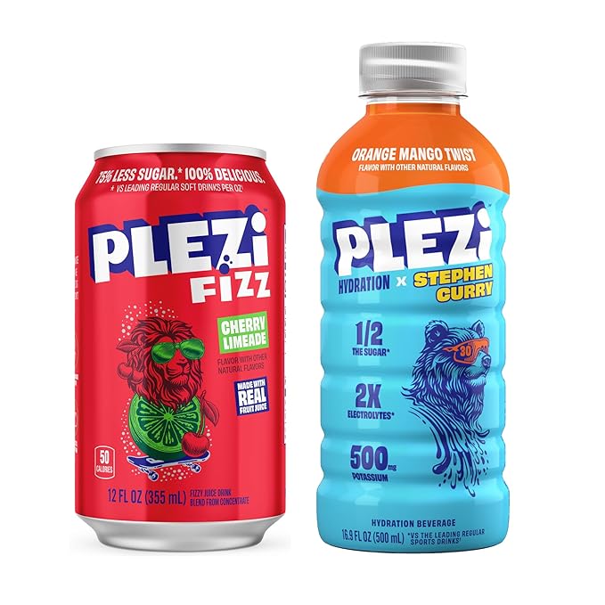 PLEZi FiZZ Cherry Limeade &amp Orange Mango Hydration Drink Bundle – Sparkling Juice &amp Electrolyte Beverage with Real Fruit Juice No Added Sugar Low Sugar – 12 Fl Oz + 16.9 Fl Oz (24 Pack Total