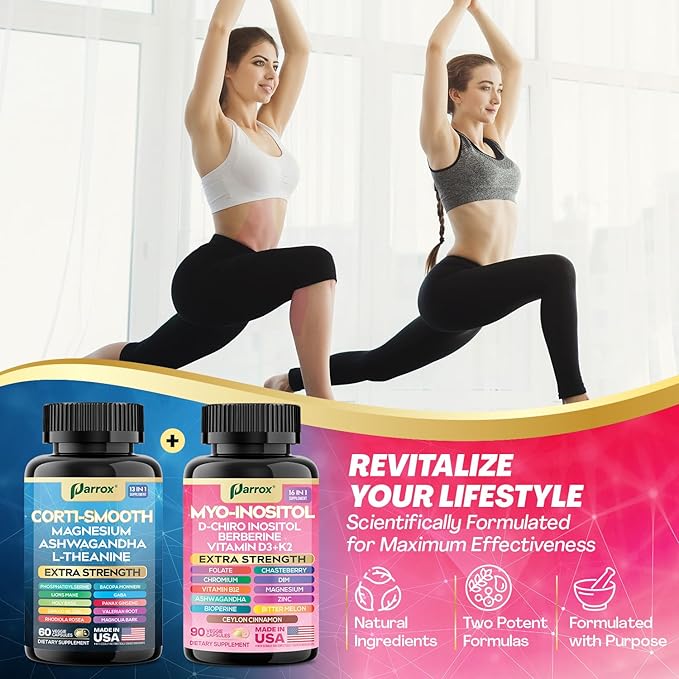 Cortisol &amp Myo-Inositol Supplement Bundle Soothe &amp Smooth Bundle Cortisol Balance GABA Magnesium Ashwagandha L-Theanine D-Chiro Inositol Folate Berberine Chasteberry Zinc (2 Pack)