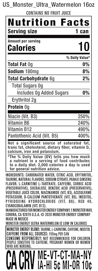 Monster Energy Drink Zero Ultra Variety - Paradise Watermelon Rosa Fiesta 16 ounce (Pack of 16) and Stinger Pomegranate Passionfruit Chews