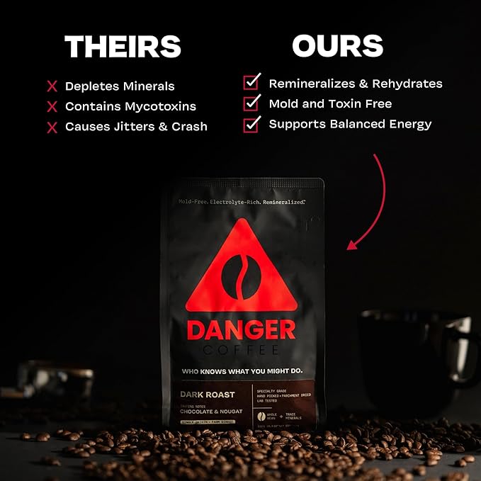 Danger Coffee by Dave Asprey Remineralized Mold Free &amp Lab Tested Whole Bean Coffee Dark Roast 10.9 Ounce