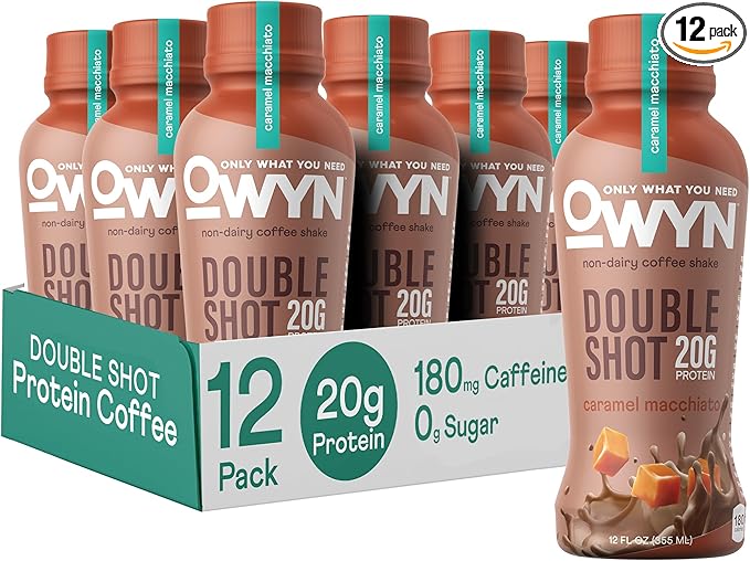 OWYN Only What You Need Double Shot Dairy Free Keto Protein Coffee Shake Caramel Macchiato 0g Sugar 20g Plant Based Protein 180mg Caffeine Gluten &amp Soy Free Non-GMO Vegan (12 Pack 12 Fl Oz