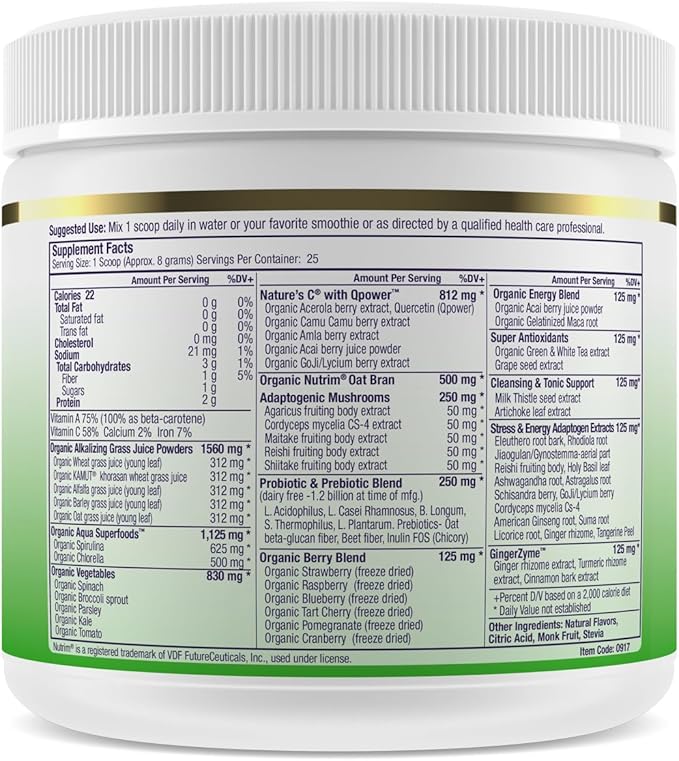 Paradise Herbs ORAC Energy Greens Apple Superfood Powder Over 40000 ORAC Antioxidants Organic Greens Berries Mushrooms &amp Probiotics Non-GMO Gluten-Free 25 Servings