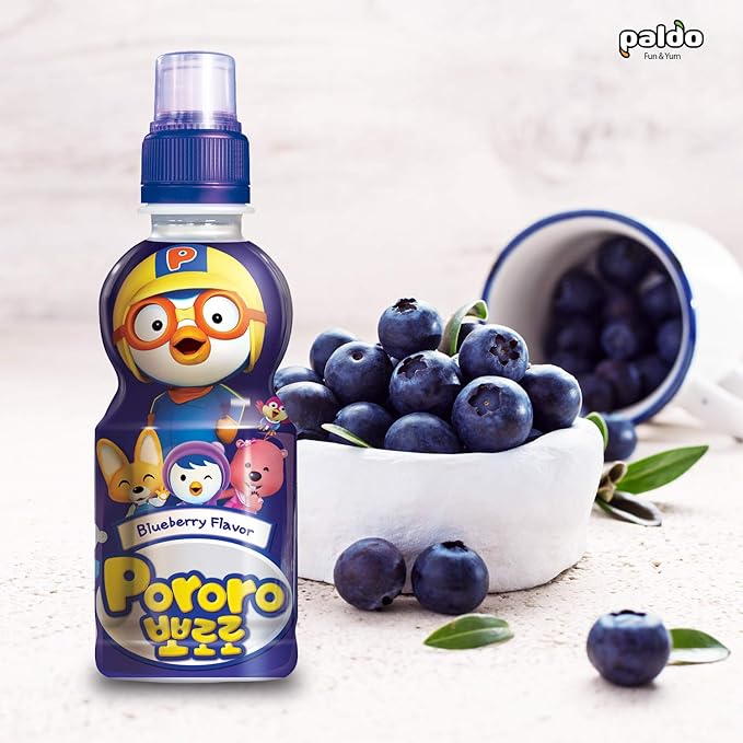 Paldo Fun &amp Yum Pororo Kids Blueberry Flavor Drink Pack of 8 Fruit Juice Drinks with Comfortable Push-Pull Sports Cap Perfect Drink for Children 7.95 fl oz. x 8