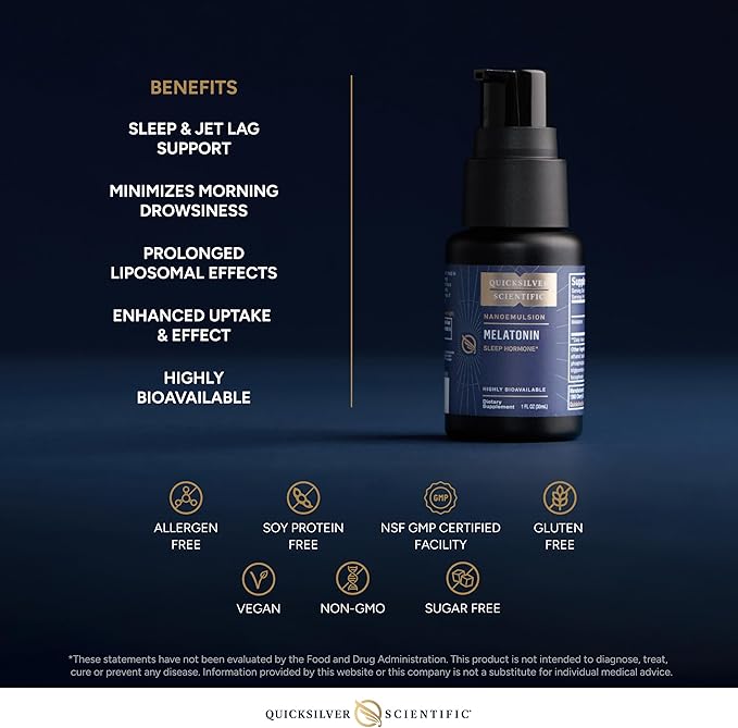Quicksilver Scientific Liposomal Melatonin - Bedtime Jet Lag &amp Immune Support Liquid for Adults - Efficient Superior Absorption 1mg to Minimize Morning Drowsiness (30 ml)