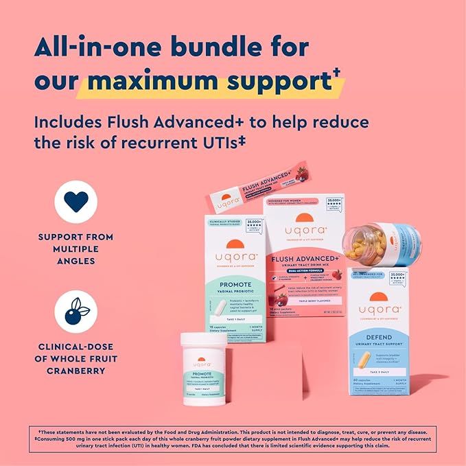 Uqora Flush Advanced+ Regimen with Flush Advanced+ (3 Pack) - Cranberry to Reduce Risk of Recurrent UTI** - Defend &amp Promote - D-Mannose Vitamin C Green Tea Extract &amp Probiotics - 3-Part Bun