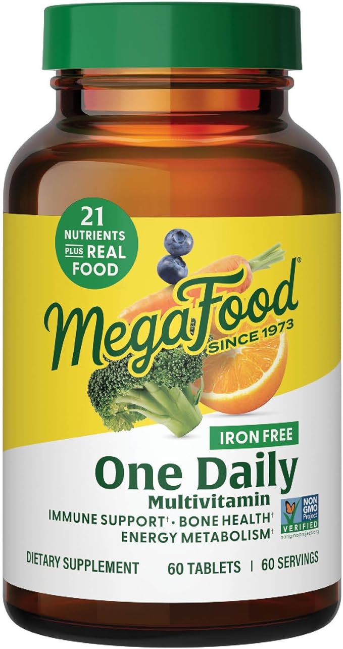 MegaFood One Daily Iron Free Multivitamin - Multivitamin for Women and Men - with Real Food - Immune Support Supplement - Bone Health - Energy Metabolism - Vegetarian Non-GMO No Iron - 60 Tablets