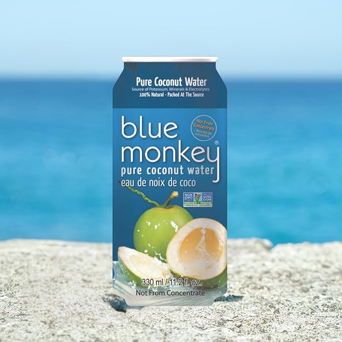 Blue Monkey Coconut Water - 100% Pure Coconut Water from Vietnam - No Pulp - No Sugar Added - Shelf Stable - Refreshing Hydration Drink - 11.2oz (330) 24-Pack
