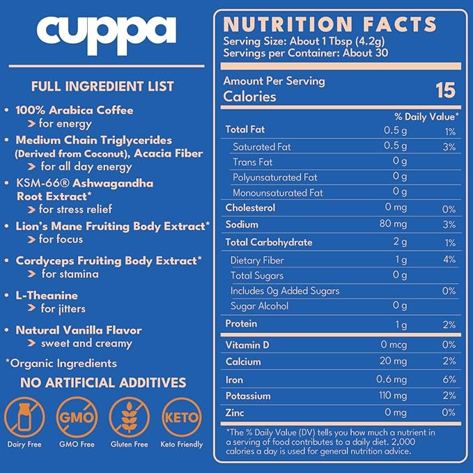 Cuppa French Vanilla Coffee - Great tasting medium roast with mushrooms adaptogens &amp superfoods - Lion's Mane Ashwagandha Cordyceps MCT Prebiotic Fiber &amp L-Theanine. Supports natural ener