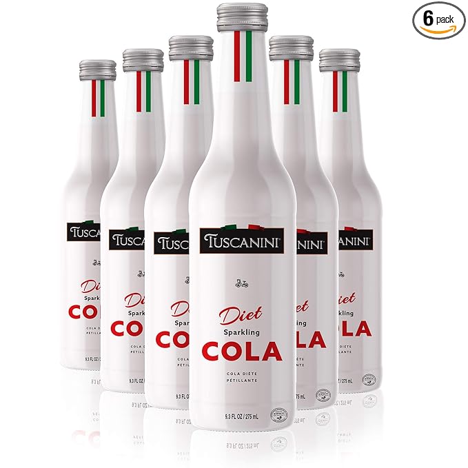 Tuscanini Italian Diet Cola Soda 9.3oz (6 Pack) Naturally Caffeine Free Aspartame Free Elegant Glass Bottle Great Tasting No Preservatives