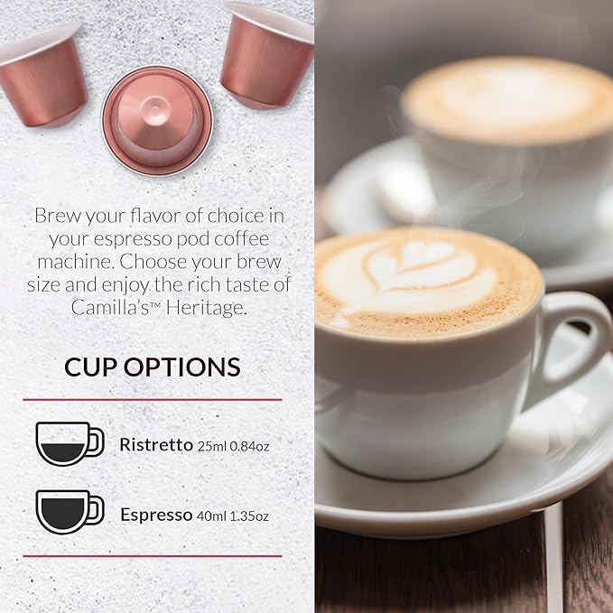 Camilla’s Heritage - Intensity 8 Chocolate Flavored Espresso Coffee Gourmet Espresso Cups 60 Coffee Pods