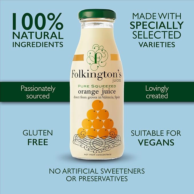 Folkington's Orange Juice 100% Pure 12x250ml Bottles Not from Concentrate 12 Pieces