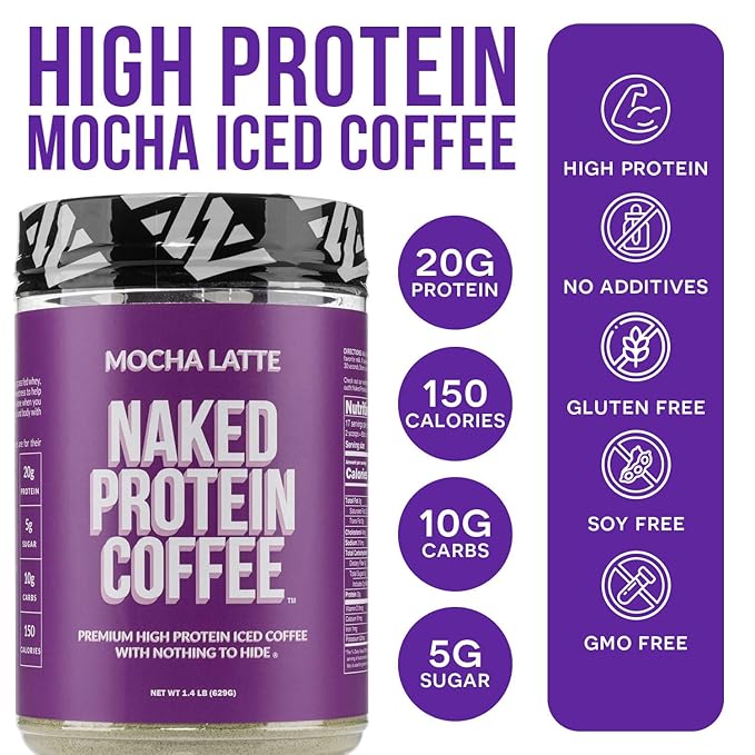 NAKED Mocha Latte Protein Coffee - Premium Colombian Iced Coffee Protein Shake Drink Delicious Keto Friendly and Gluten Free 17 Servings