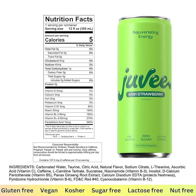 Juvee Rejuvenating Energy Drink Variety Pack – 12 oz Cans Pack of 24 (12 Blue Raspberry + 12 Kiwi Strawberry) – Sugar-Free 128 mg Natural Caffeine Low Calorie Clean Energy &amp Mental Focus Boost