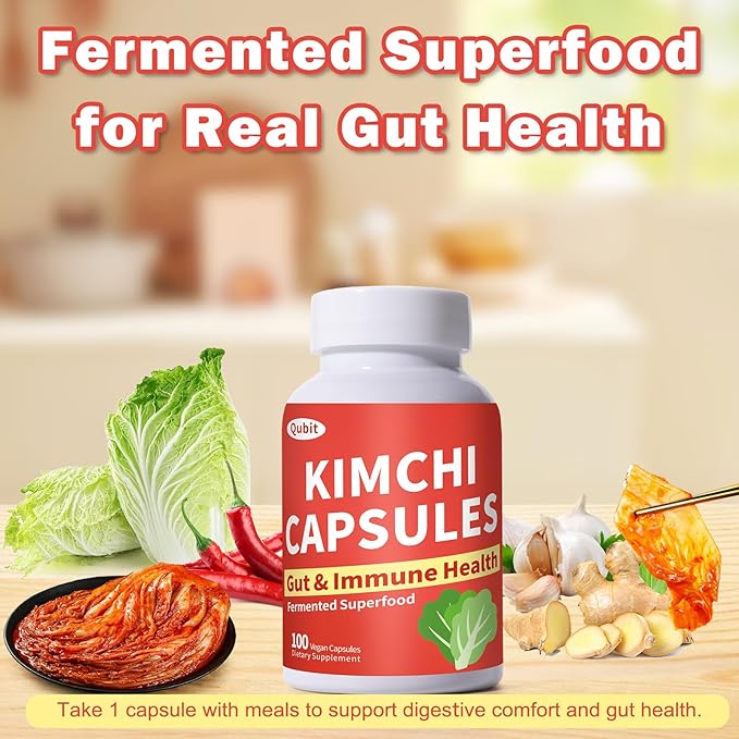 QUBIT Kimchi Capsules Kimchi Supplement Probiotics &amp Enzymes Supports Gut &amp Digestive Health Taste Well One Fermented Superfood for Antioxidant Support 90 Vegan Capsules Pills