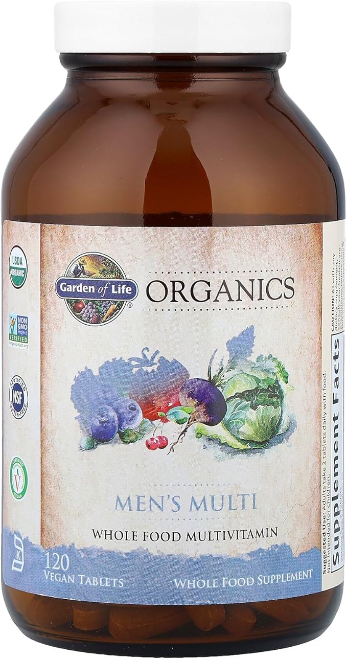 Garden of Life Organics Whole Food Multivitamin for Men 120 Tablets Vegan Mens Vitamins and Minerals for Health and Well-Being Certified Organic Vegan Multi