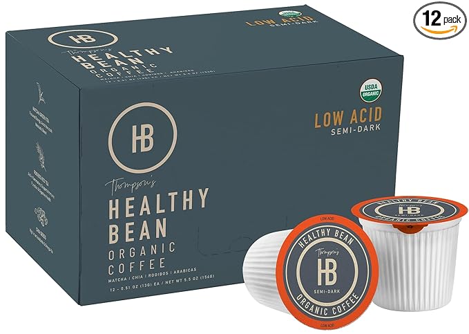 Healthy Bean Low Acid Coffee Pods - Superfood Infused USDA Organic Low Acid Coffee Mold Free Coffee Pods - Clean Healthy - Mycotoxin Free Coffee - Semi-Dark Roast 12 Pack