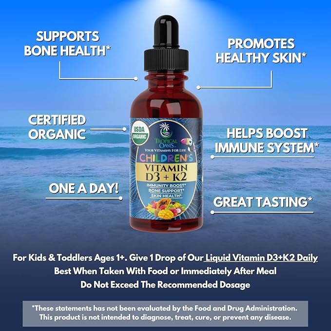 USDA Organic Vitamin D3 K2 Liquid Drops | Vitamin D3 K2 Supplement for Kids &amp Toddlers Ages 1+ | Kids Supplement for Calcium Absorption Strong Bones | Vegan Non-GMO | 2 Fl Oz