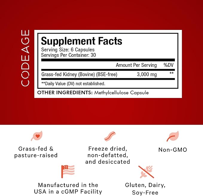 Codeage Grass Fed Beef Kidney Supplement - Freeze Dried Non-Defatted Desiccated Glandulars Nutrition Bovine Pills – Pasture Raised Beef Vitamins - Non-GMO -180 Capsules