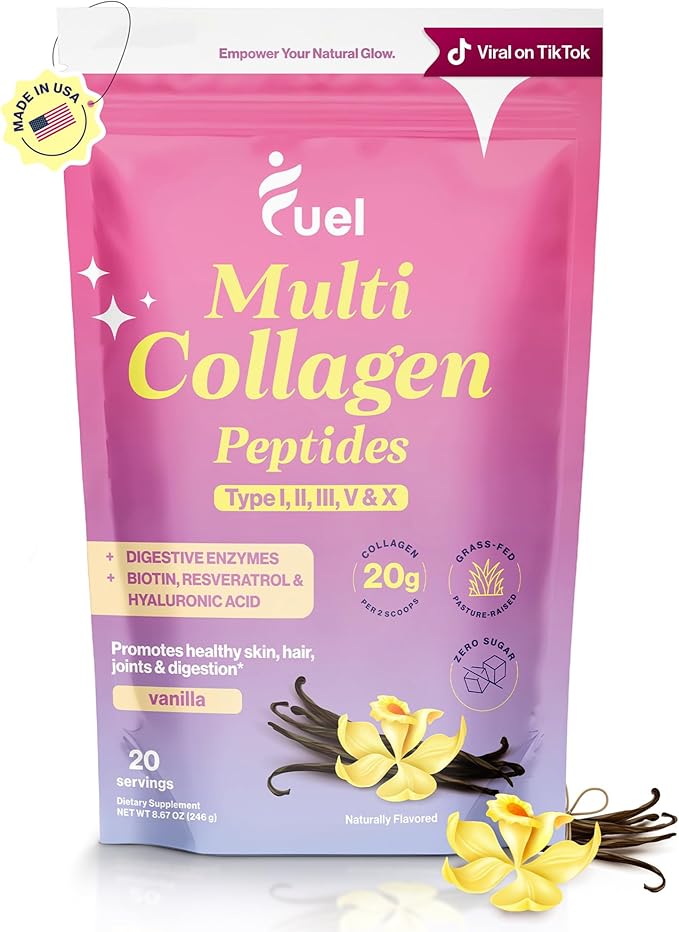 Fuel Multi Collagen Peptides Powder – 20g Hydrolyzed Collagen Types I II III V &amp X – Hair Skin Nails &amp Joint Support – Keto &amp Gluten Free – French Vanilla – 20 Servings (8.67oz)